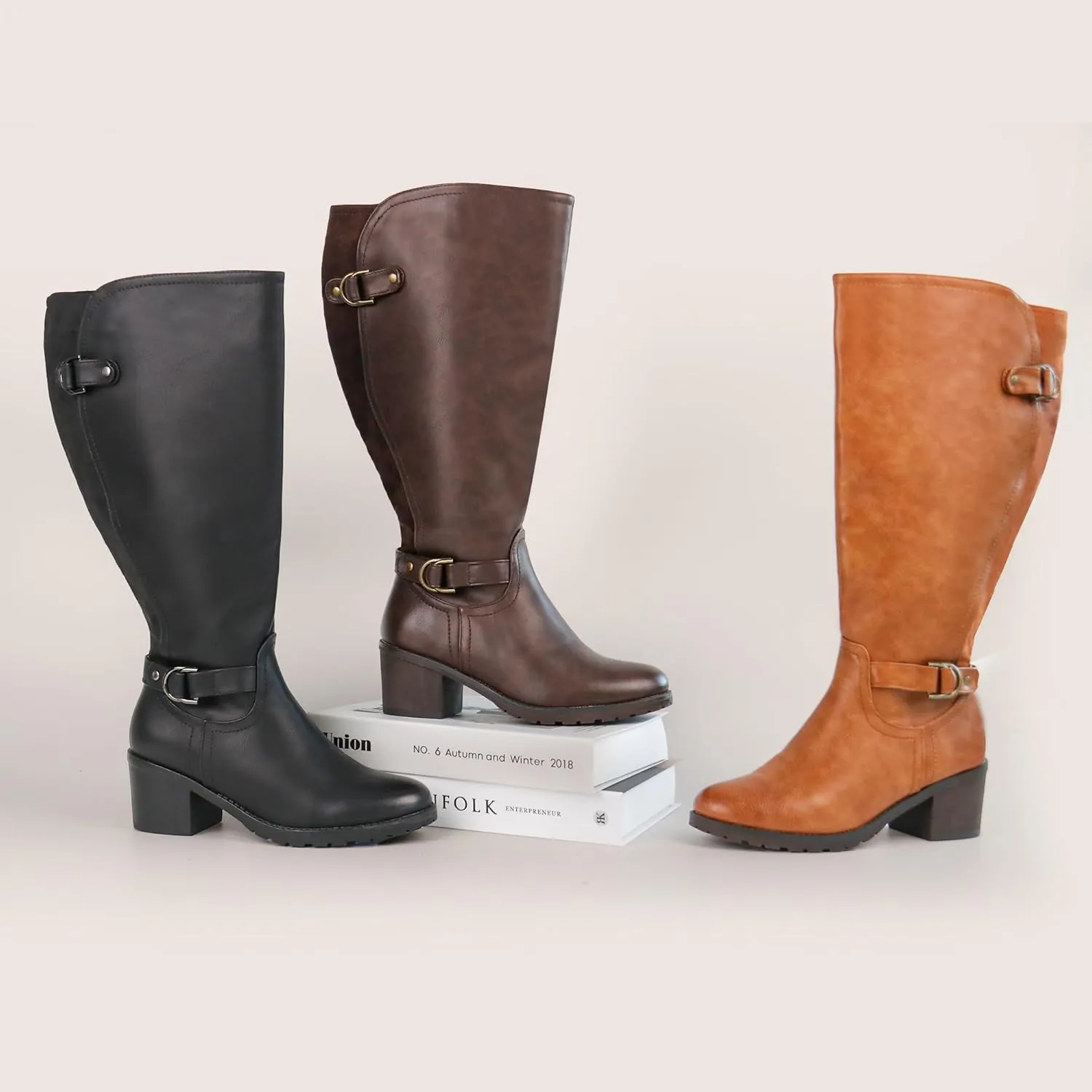 Women's Extra Wide Calf Knee High Riding Boots with Block Heel and Decorated Double Buckle