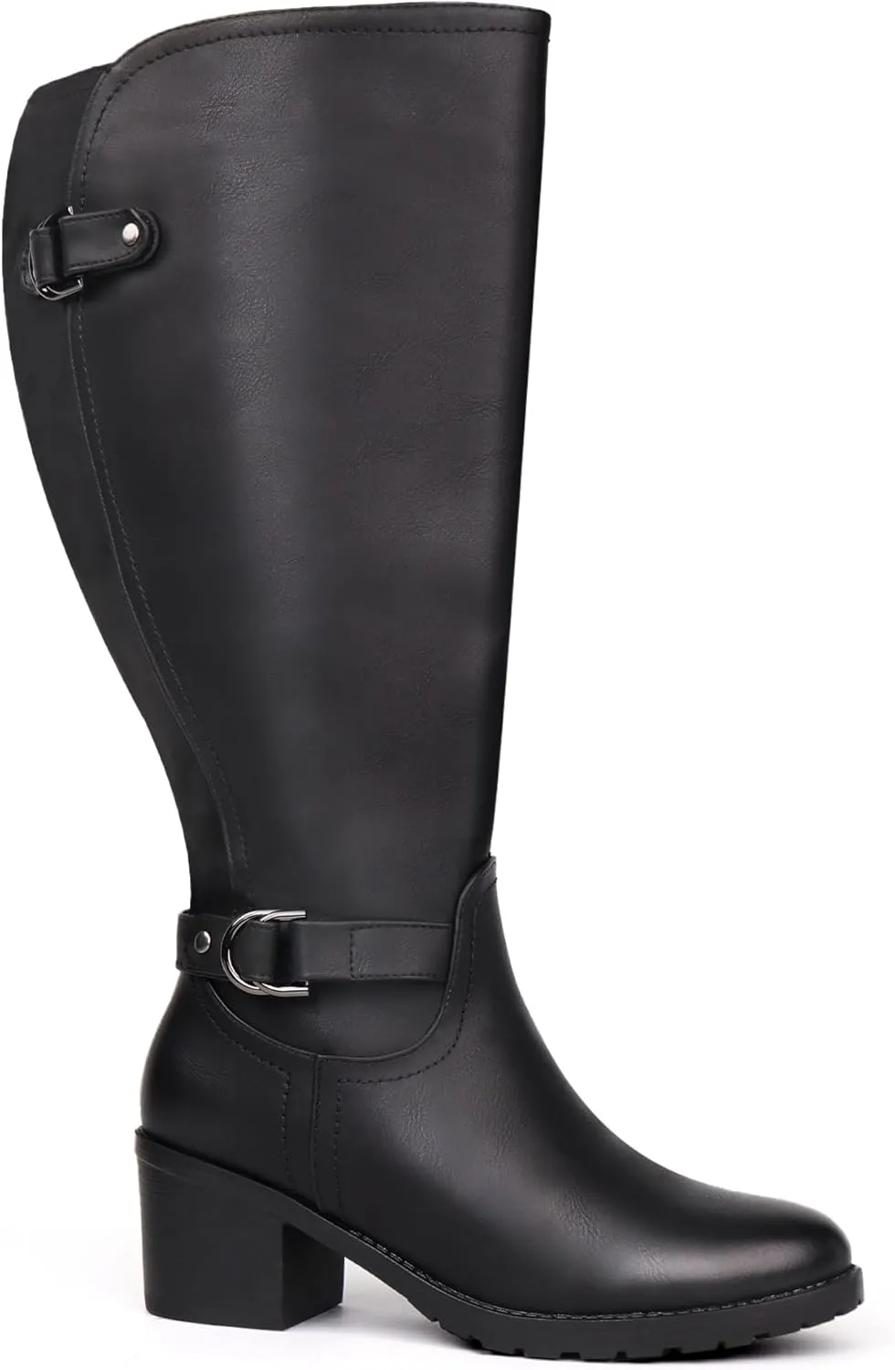 Women's Extra Wide Calf Knee High Riding Boots with Block Heel and Decorated Double Buckle
