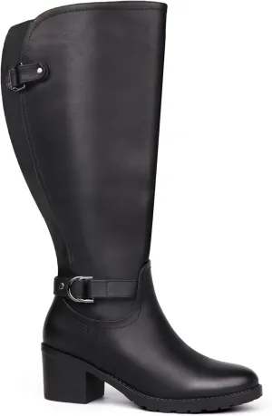 Women's Extra Wide Calf Knee High Riding Boots with Block Heel and Decorated Double Buckle