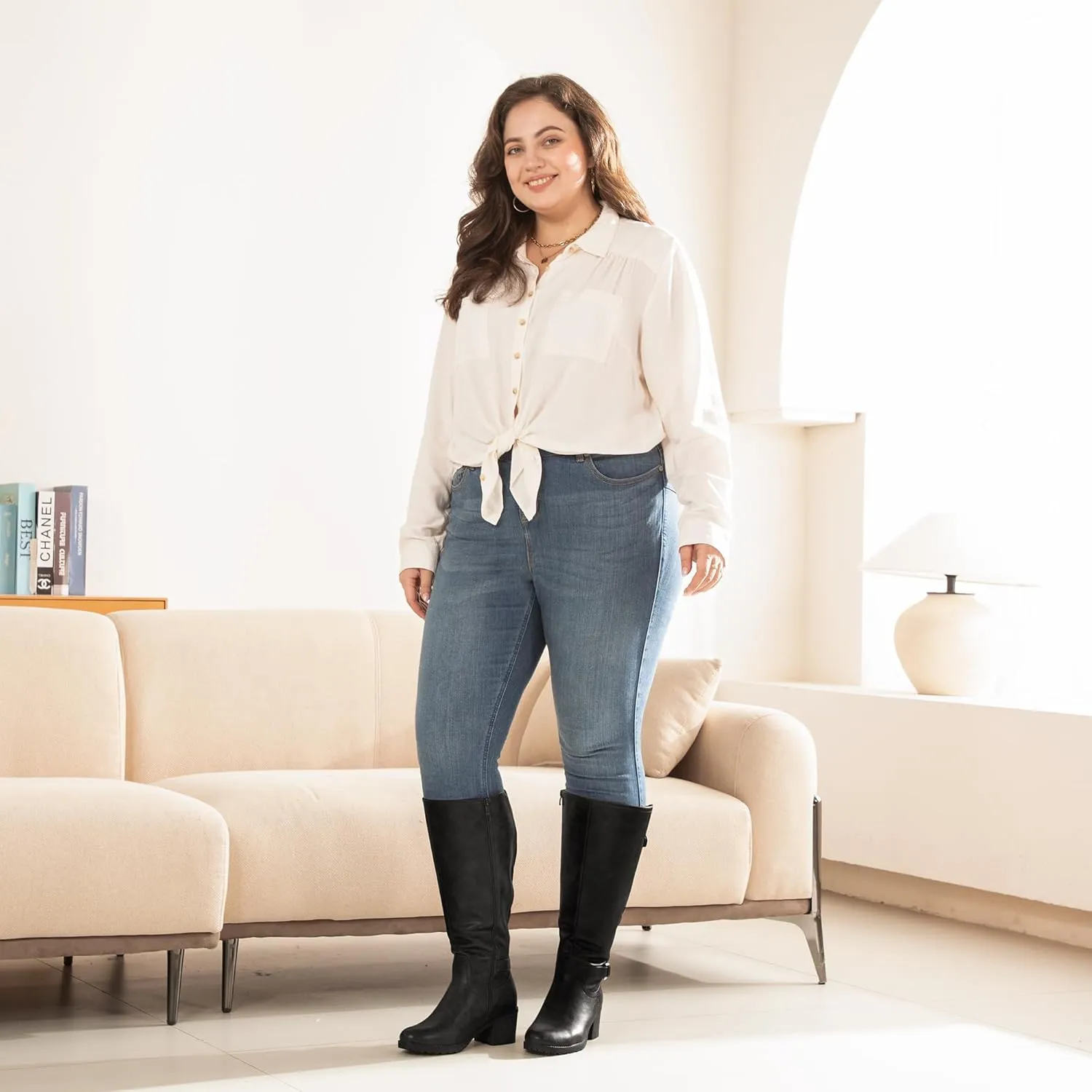 Women's Extra Wide Calf Knee High Riding Boots with Block Heel and Decorated Double Buckle