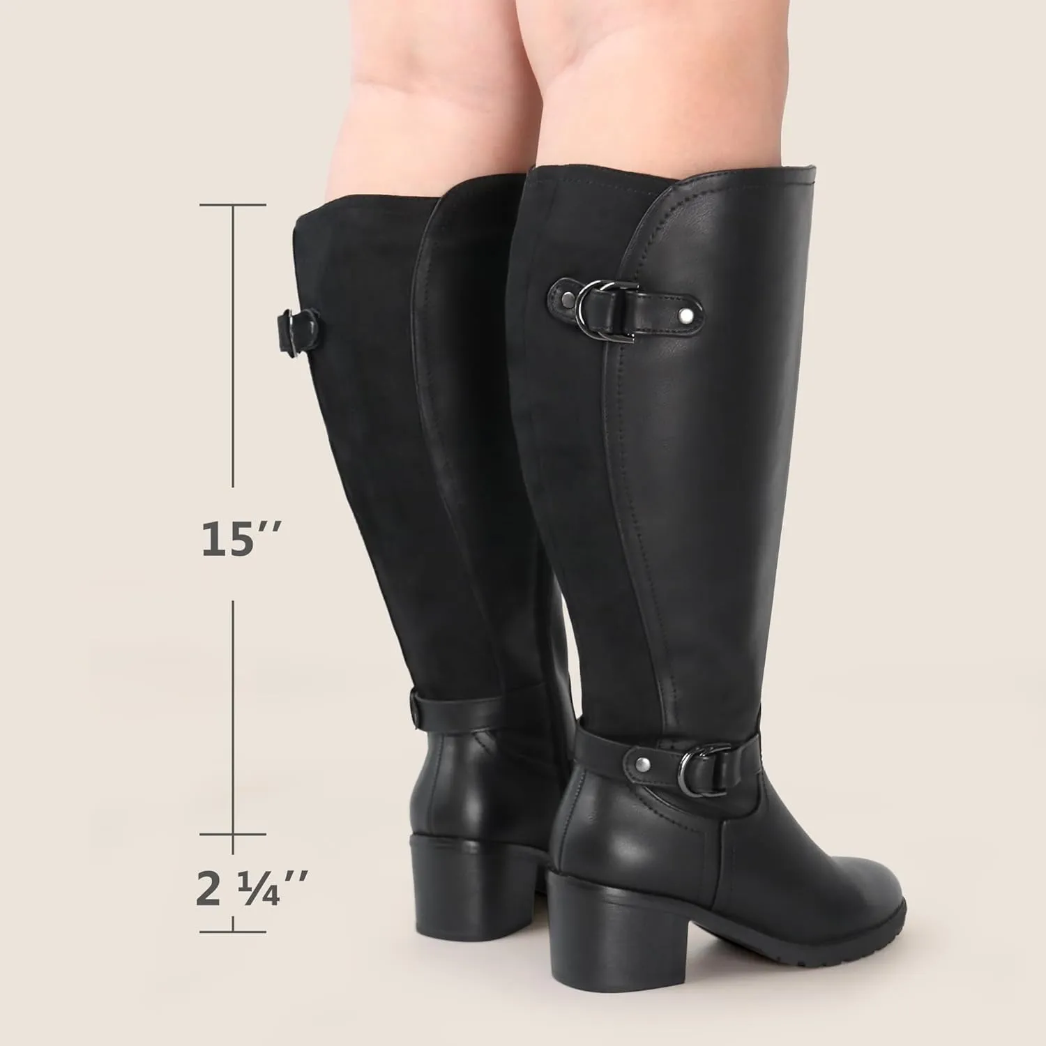 Women's Extra Wide Calf Knee High Riding Boots with Block Heel and Decorated Double Buckle