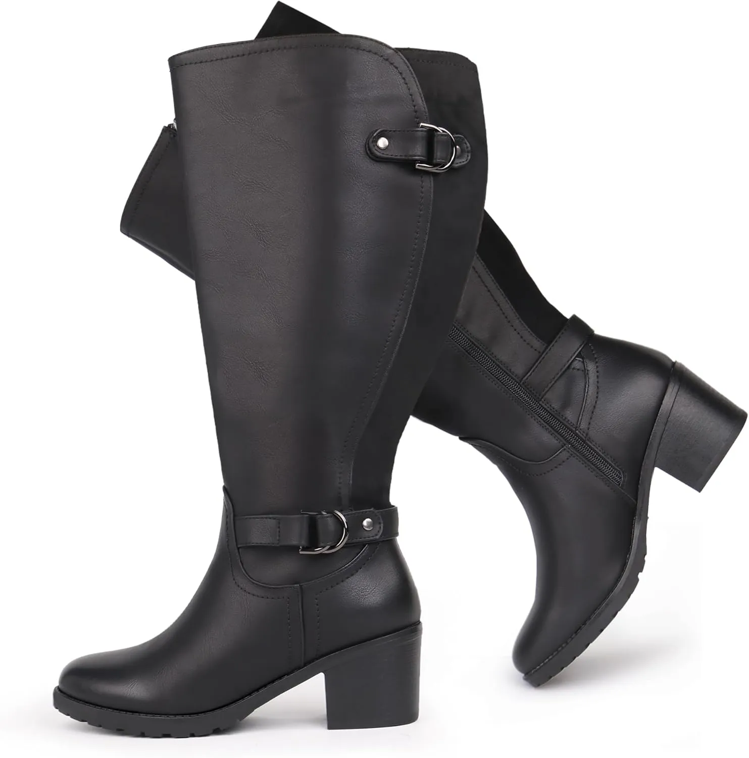 Women's Extra Wide Calf Knee High Riding Boots with Block Heel and Decorated Double Buckle