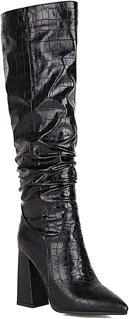 Women's Faux Crocodile Chunky Heel Knee High Boots Pointed Toe Comfortable High Heel Tall Boots Fall Winter Boots