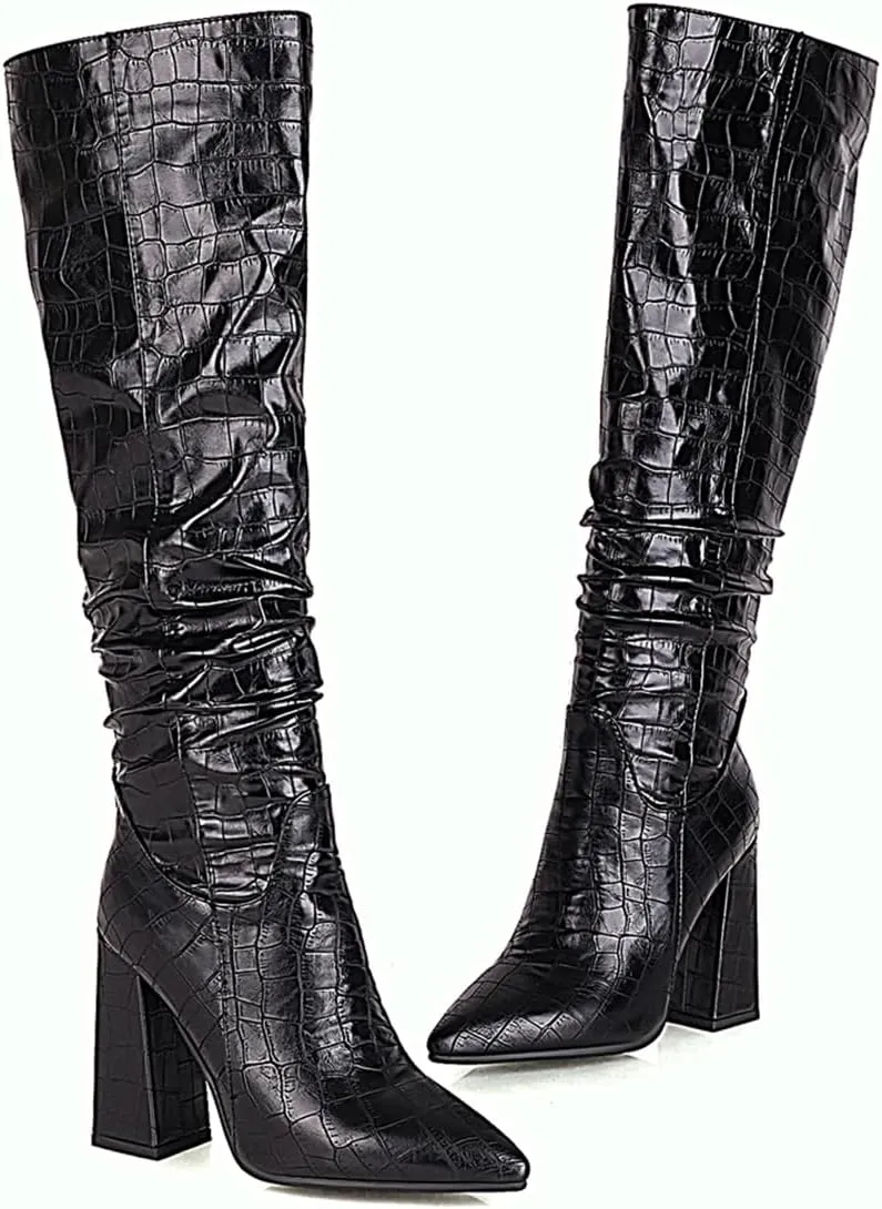Women's Faux Crocodile Chunky Heel Knee High Boots Pointed Toe Comfortable High Heel Tall Boots Fall Winter Boots