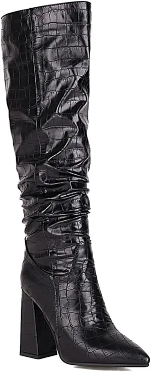 Women's Faux Crocodile Chunky Heel Knee High Boots Pointed Toe Comfortable High Heel Tall Boots Fall Winter Boots