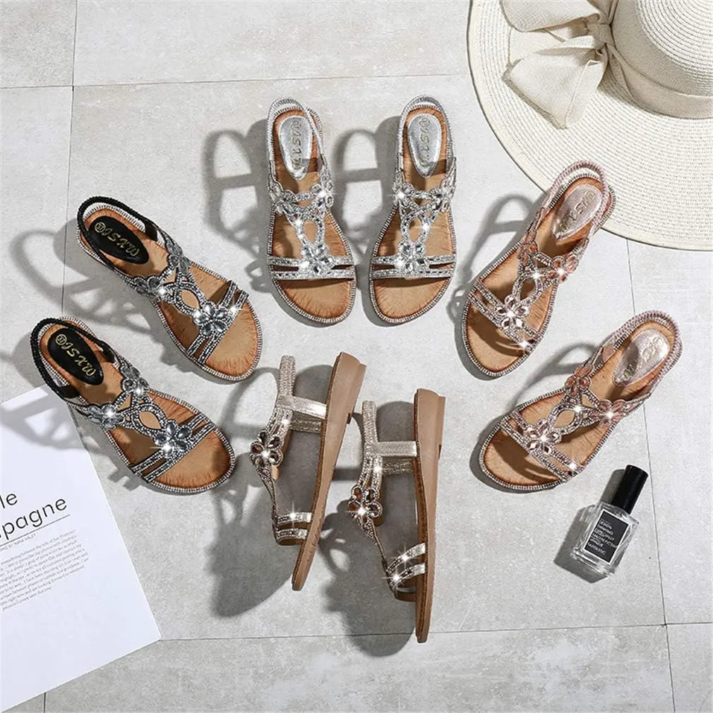 Women's Flat Sandals Summer Beach Sandal T-Strap Rhinestone Beaded Bohemia Shoes