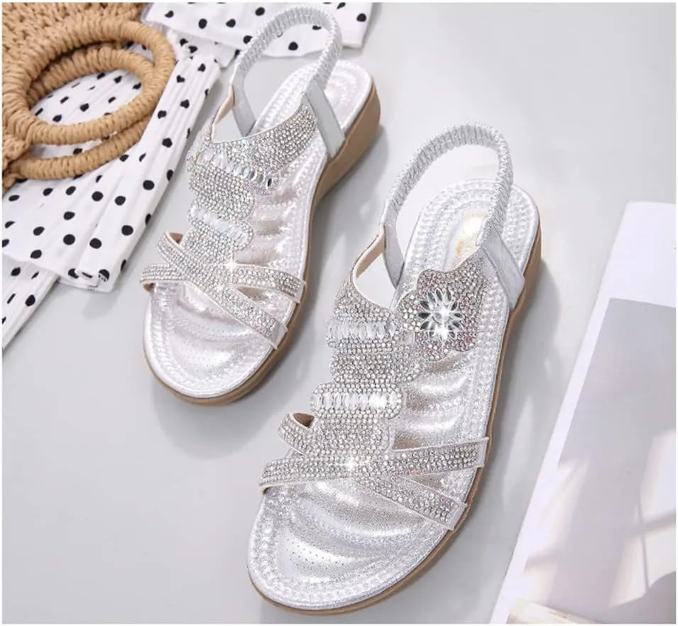 Women's Flat Sandals Summer Beach Sandal T-Strap Rhinestone Beaded Bohemia Shoes
