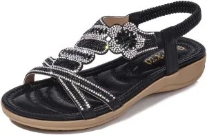 Women's Flat Sandals Summer Beach Sandal T-Strap Rhinestone Beaded Bohemia Shoes