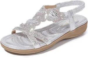 Women's Flat Sandals Summer Beach Sandal T-Strap Rhinestone Beaded Bohemia Shoes