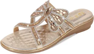 Women's Flat Sandals Summer Beach Sandal T-Strap Rhinestone Beaded Bohemia Shoes