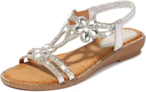 Women's Flat Sandals Summer Beach Sandal T-Strap Rhinestone Beaded Bohemia Shoes