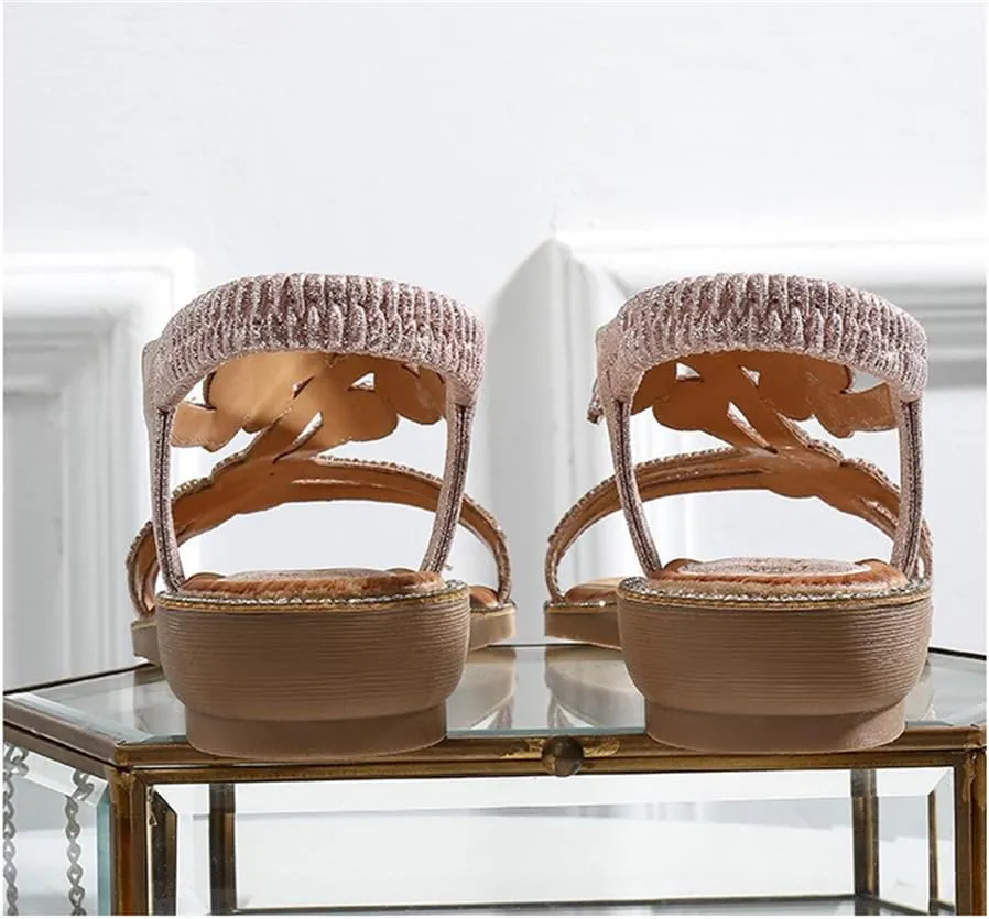 Women's Flat Sandals Summer Beach Sandal T-Strap Rhinestone Beaded Bohemia Shoes