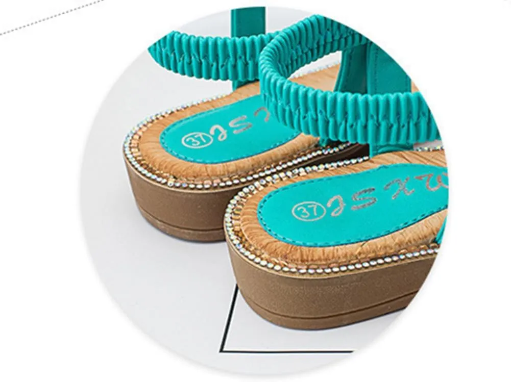 Women's Flat Sandals Summer Beach Sandal T-Strap Rhinestone Beaded Bohemia Shoes
