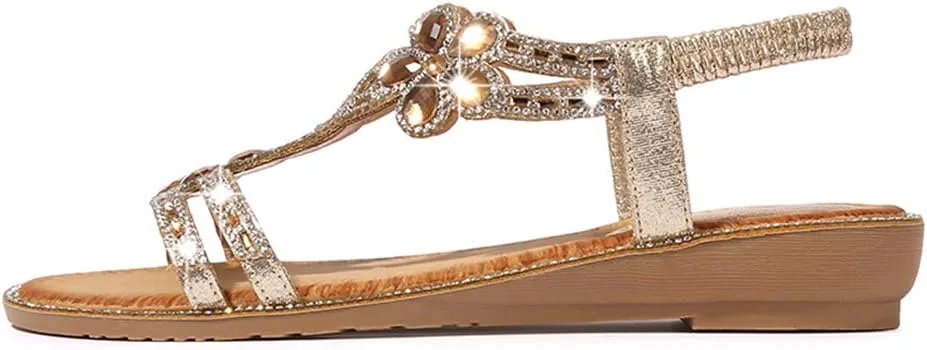 Women's Flat Sandals Summer Beach Sandal T-Strap Rhinestone Beaded Bohemia Shoes