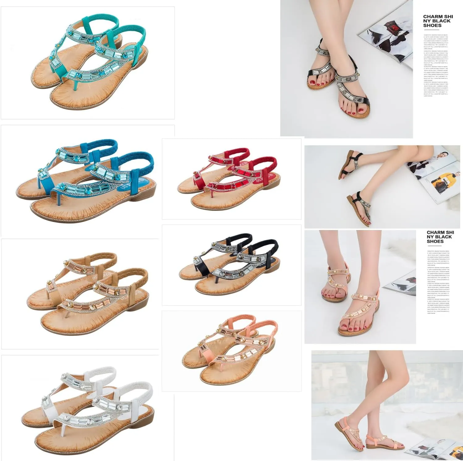 Women's Flat Sandals Summer Beach Sandal T-Strap Rhinestone Beaded Bohemia Shoes