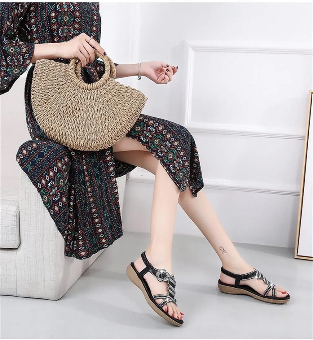 Women's Flat Sandals Summer Beach Sandal T-Strap Rhinestone Beaded Bohemia Shoes