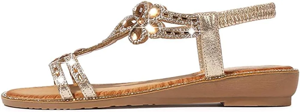 Women's Flat Sandals Summer Beach Sandal T-Strap Rhinestone Beaded Bohemia Shoes