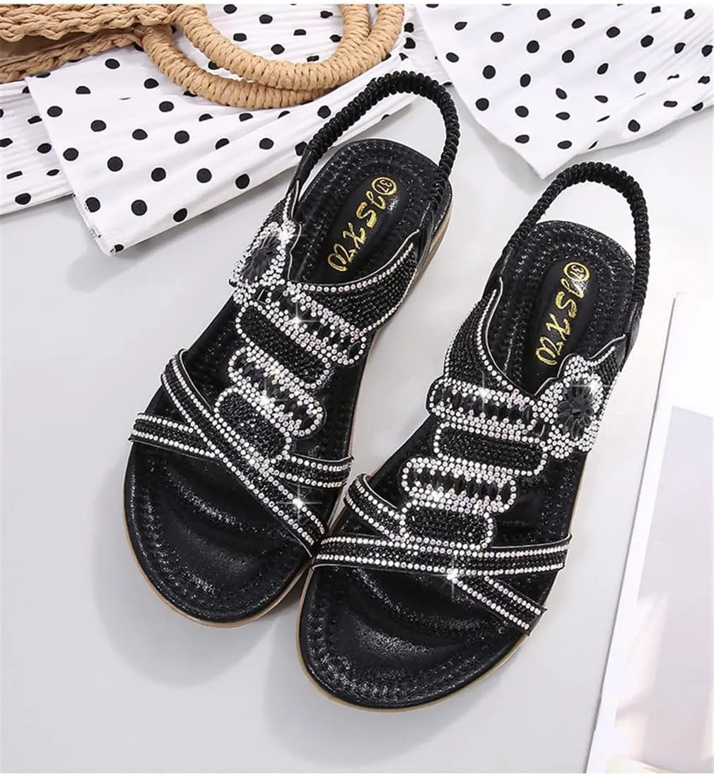 Women's Flat Sandals Summer Beach Sandal T-Strap Rhinestone Beaded Bohemia Shoes