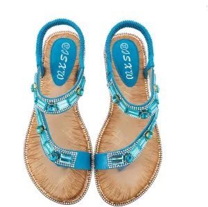 Women's Flat Sandals Summer Beach Sandal T-Strap Rhinestone Beaded Bohemia Shoes