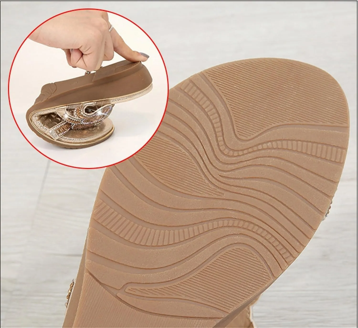 Women's Flat Sandals Summer Beach Sandal T-Strap Rhinestone Beaded Bohemia Shoes
