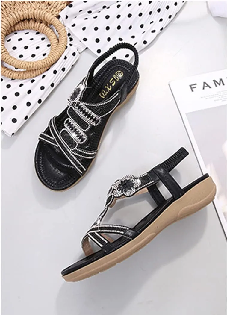 Women's Flat Sandals Summer Beach Sandal T-Strap Rhinestone Beaded Bohemia Shoes