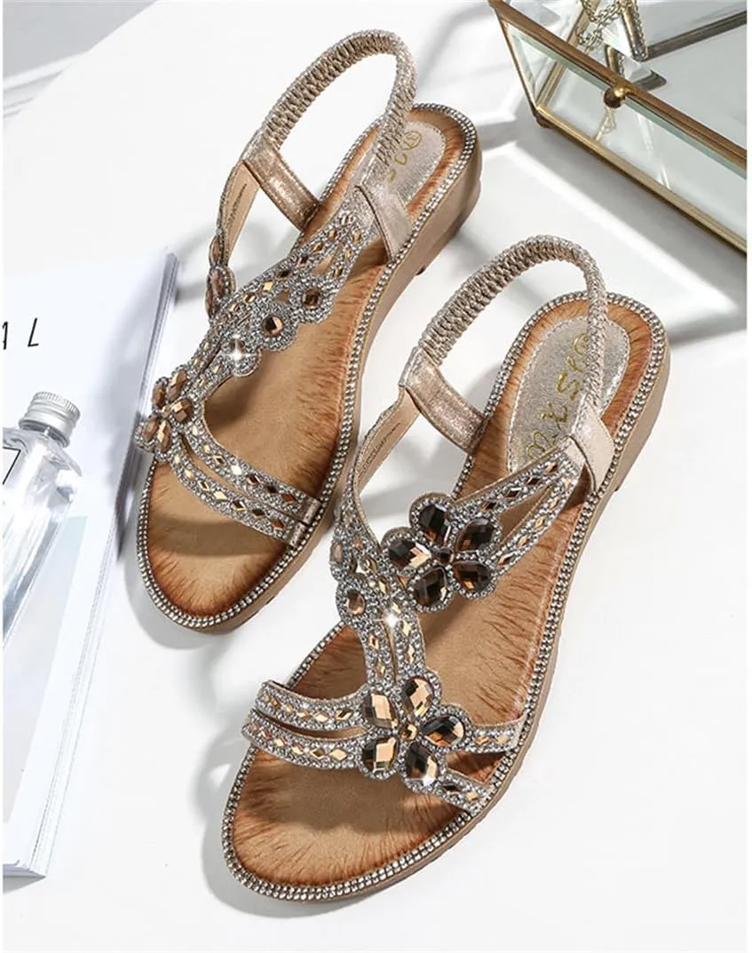 Women's Flat Sandals Summer Beach Sandal T-Strap Rhinestone Beaded Bohemia Shoes