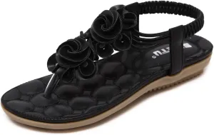 Women's Flat Sandals Summer Bohemia Elastic Ankle T-Strap Thong Flip Flops Casual Comfortable Beach Sandal Shoes