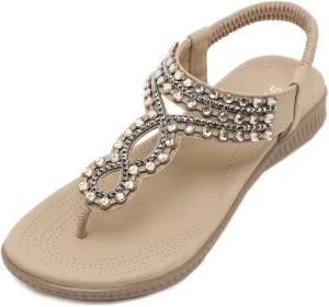 Women's Flat Sandals Summer Bohemia Elastic Ankle T-Strap Thong Flip Flops Casual Comfortable Beach Sandal Shoes