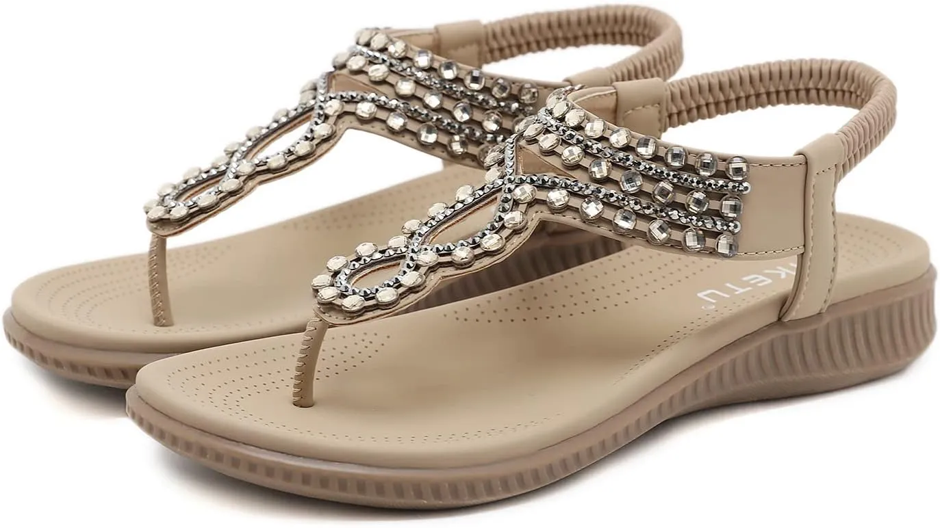 Women's Flat Sandals Summer Bohemia Elastic Ankle T-Strap Thong Flip Flops Casual Comfortable Beach Sandal Shoes