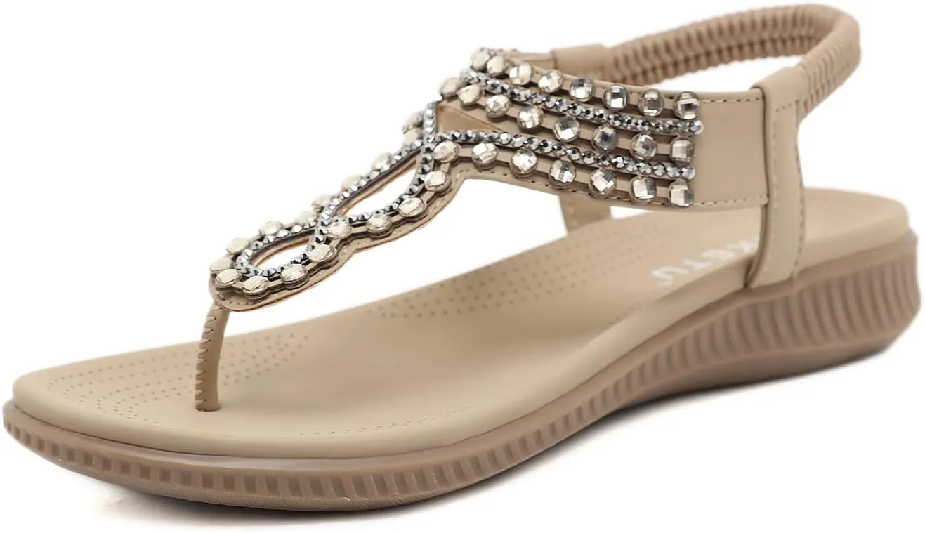 Women's Flat Sandals Summer Bohemia Elastic Ankle T-Strap Thong Flip Flops Casual Comfortable Beach Sandal Shoes
