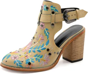 Women's Floral Embroidery Ankle Boots Buckled Backless Western Vintage Wooden Chunky Heeled Booties
