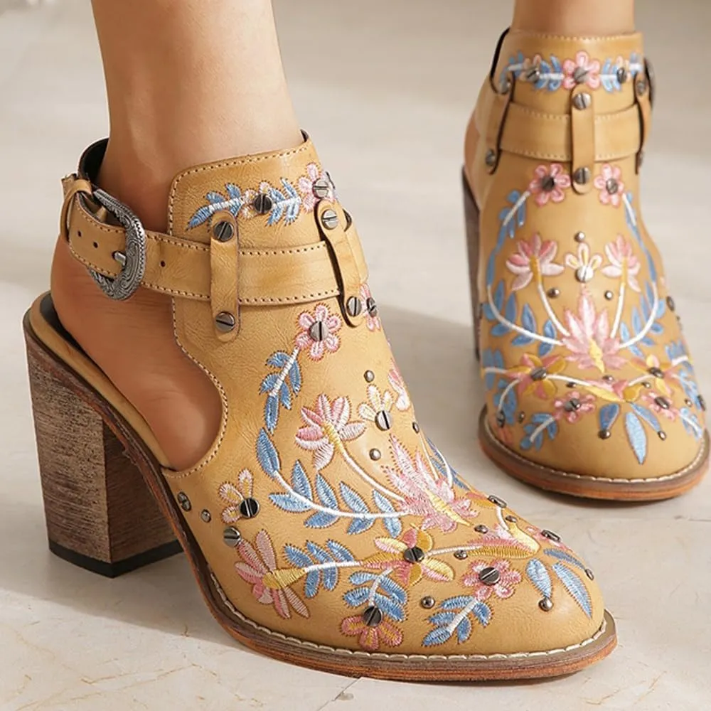 Women's Floral Embroidery Ankle Boots Buckled Backless Western Vintage Wooden Chunky Heeled Booties