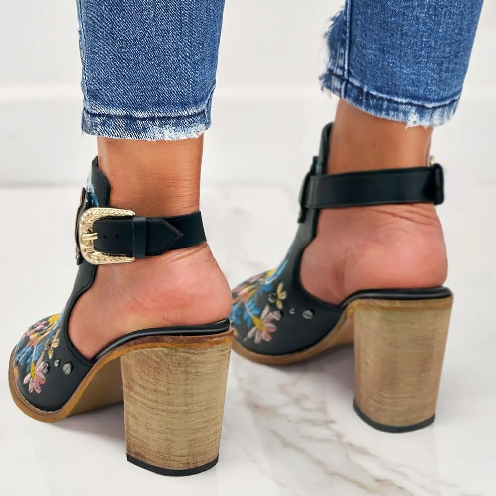 Women's Floral Embroidery Ankle Boots Buckled Backless Western Vintage Wooden Chunky Heeled Booties