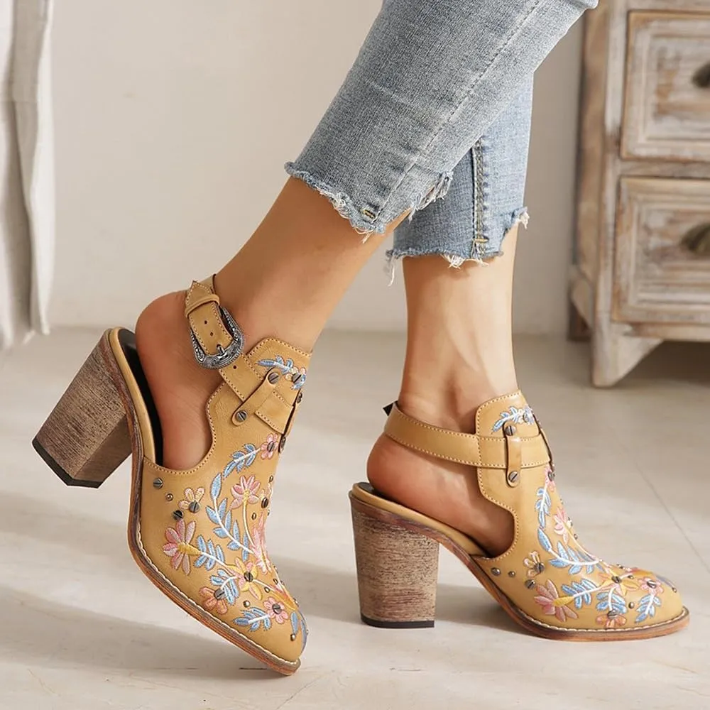 Women's Floral Embroidery Ankle Boots Buckled Backless Western Vintage Wooden Chunky Heeled Booties