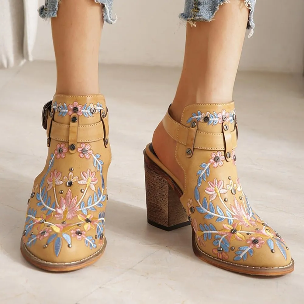Women's Floral Embroidery Ankle Boots Buckled Backless Western Vintage Wooden Chunky Heeled Booties