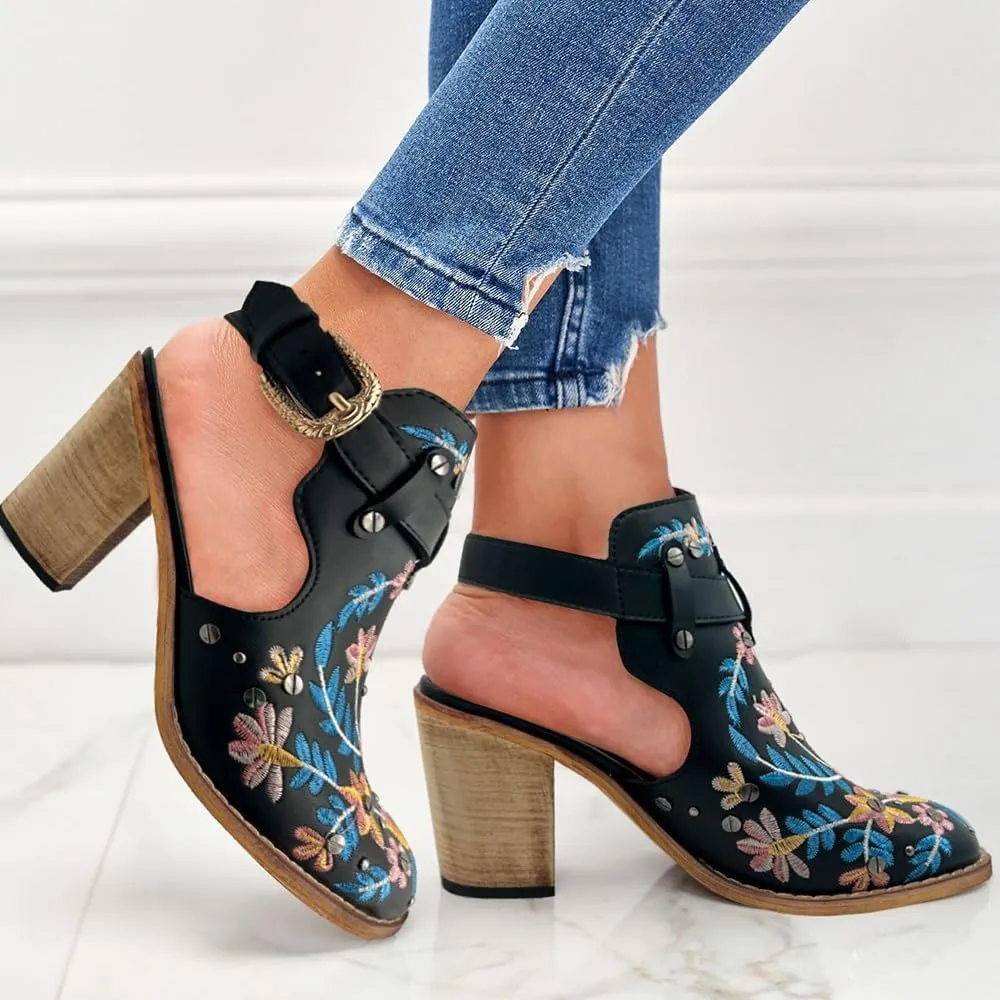 Women's Floral Embroidery Ankle Boots Buckled Backless Western Vintage Wooden Chunky Heeled Booties