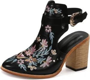 Women's Floral Embroidery Ankle Boots Buckled Backless Western Vintage Wooden Chunky Heeled Booties