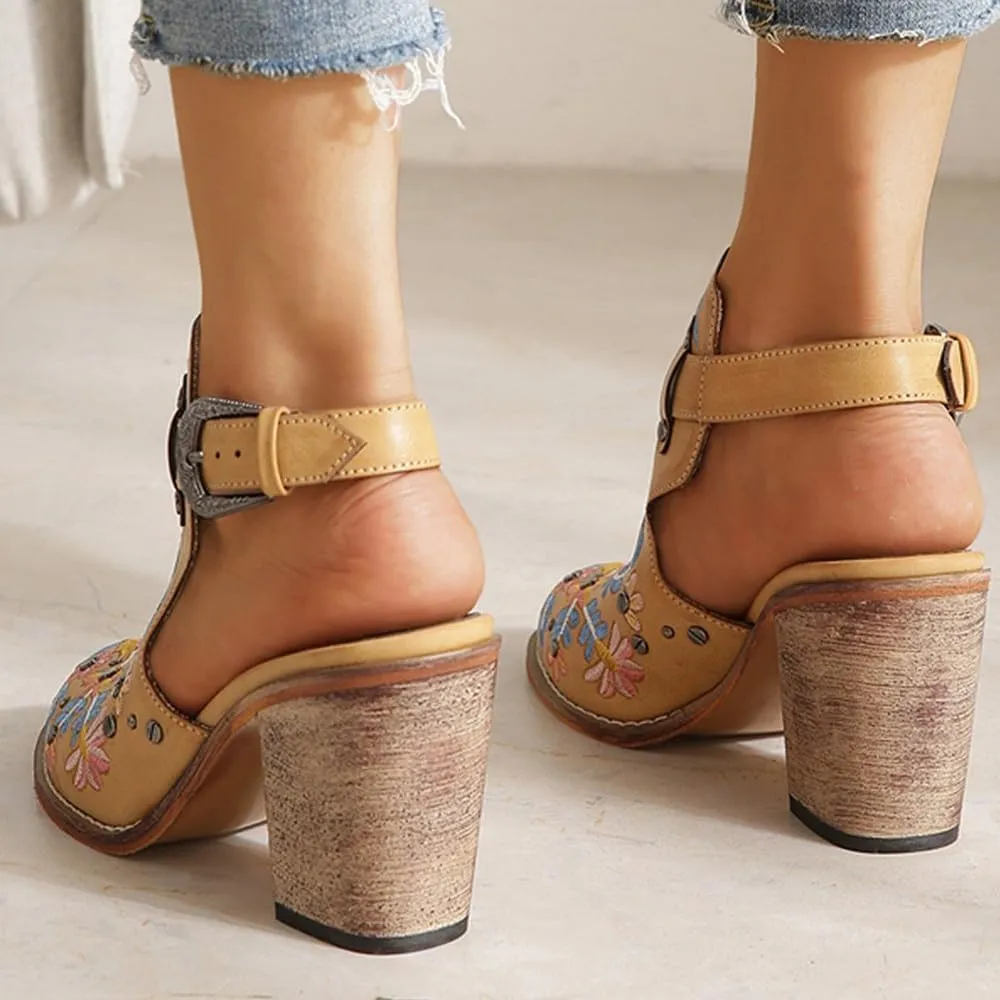 Women's Floral Embroidery Ankle Boots Buckled Backless Western Vintage Wooden Chunky Heeled Booties