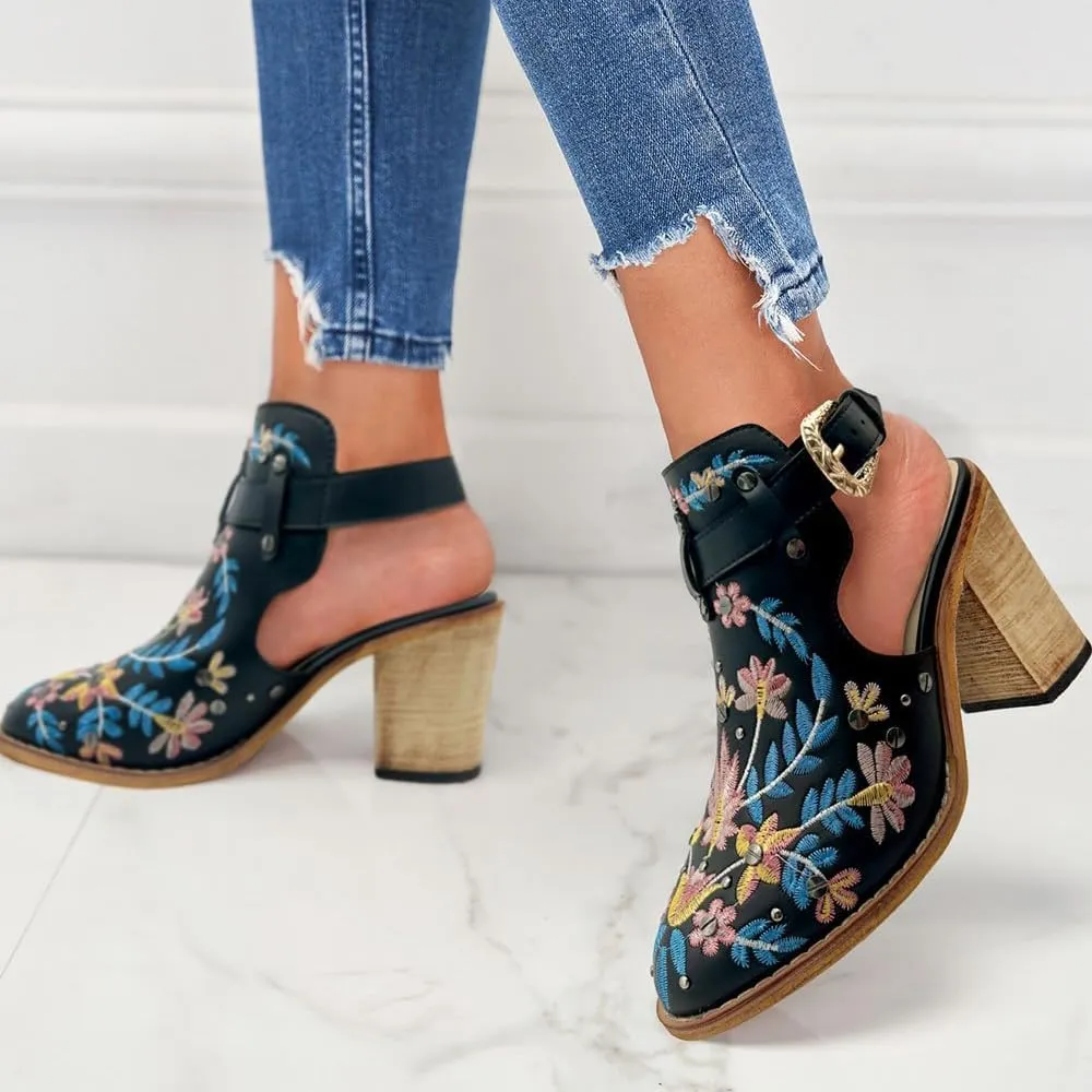 Women's Floral Embroidery Ankle Boots Buckled Backless Western Vintage Wooden Chunky Heeled Booties