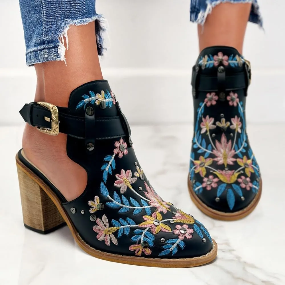 Women's Floral Embroidery Ankle Boots Buckled Backless Western Vintage Wooden Chunky Heeled Booties