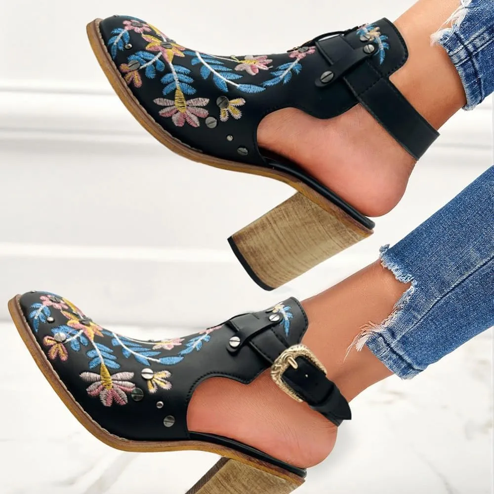 Women's Floral Embroidery Ankle Boots Buckled Backless Western Vintage Wooden Chunky Heeled Booties