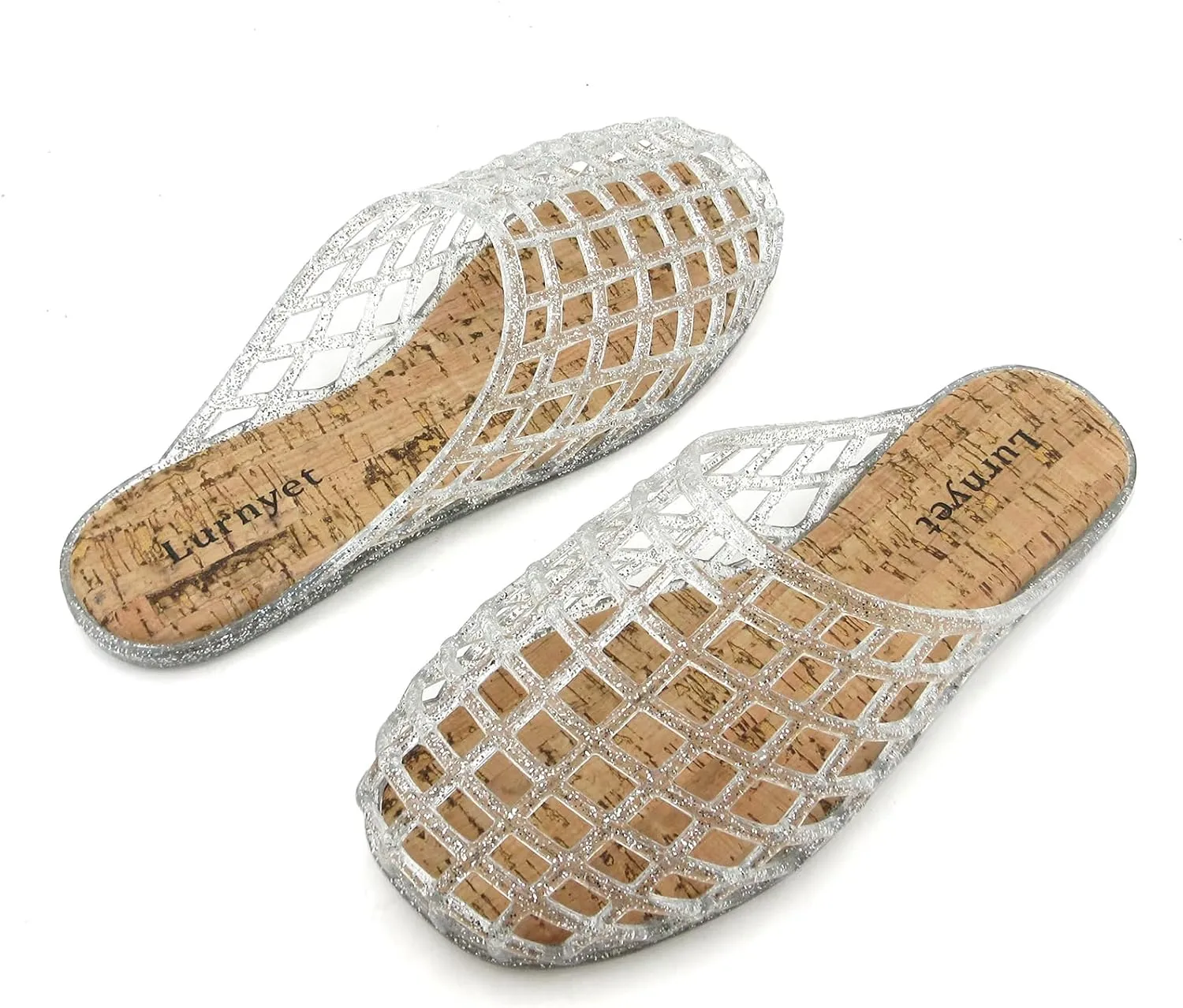 Women's Glitter Jelly Comfort Cushion Slide Flat Sandals with Cork Footbed: Stylish Design, Non-Slip Rubber Sole, Latex Insole for Comfort, Perfect for Parties, Gatherings, Casual Wear, Vacations, and Beach Days