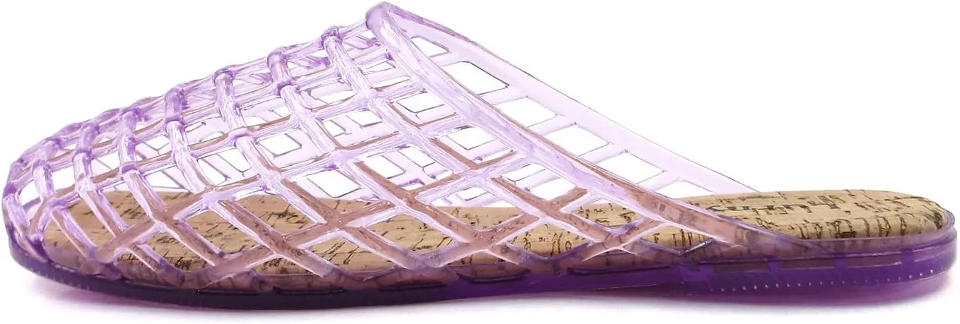 Women's Glitter Jelly Comfort Cushion Slide Flat Sandals with Cork Footbed: Stylish Design, Non-Slip Rubber Sole, Latex Insole for Comfort, Perfect for Parties, Gatherings, Casual Wear, Vacations, and Beach Days