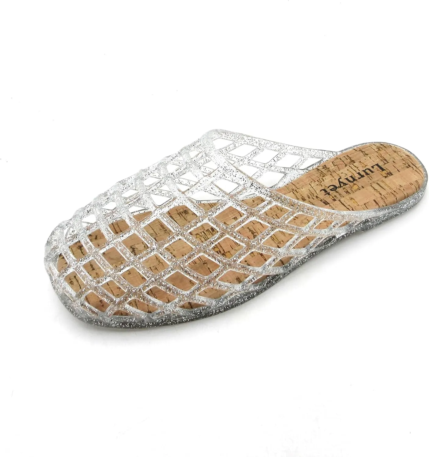 Women's Glitter Jelly Comfort Cushion Slide Flat Sandals with Cork Footbed: Stylish Design, Non-Slip Rubber Sole, Latex Insole for Comfort, Perfect for Parties, Gatherings, Casual Wear, Vacations, and Beach Days