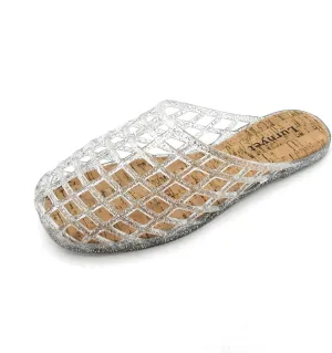 Women's Glitter Jelly Comfort Cushion Slide Flat Sandals with Cork Footbed: Stylish Design, Non-Slip Rubber Sole, Latex Insole for Comfort, Perfect for Parties, Gatherings, Casual Wear, Vacations, and Beach Days