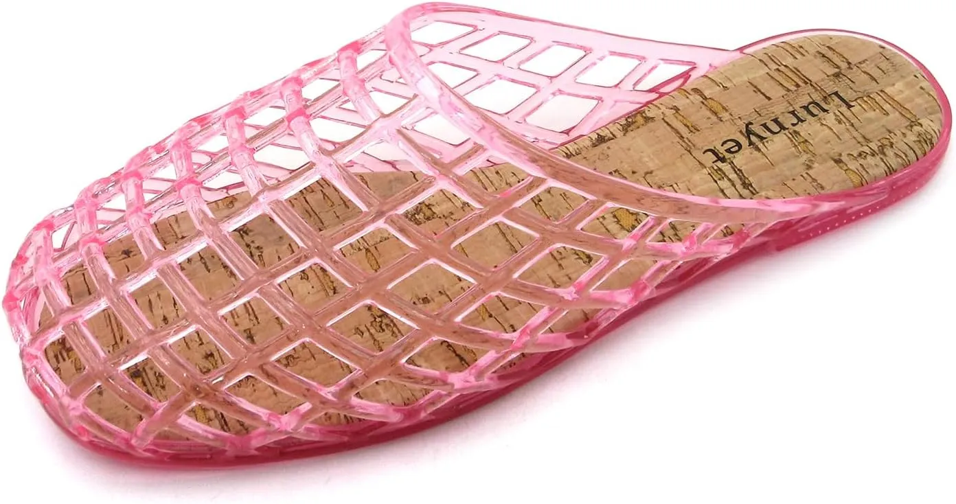 Women's Glitter Jelly Comfort Cushion Slide Flat Sandals with Cork Footbed: Stylish Design, Non-Slip Rubber Sole, Latex Insole for Comfort, Perfect for Parties, Gatherings, Casual Wear, Vacations, and Beach Days
