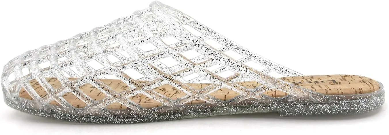 Women's Glitter Jelly Comfort Cushion Slide Flat Sandals with Cork Footbed: Stylish Design, Non-Slip Rubber Sole, Latex Insole for Comfort, Perfect for Parties, Gatherings, Casual Wear, Vacations, and Beach Days