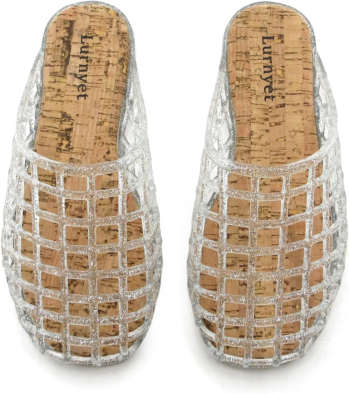 Women's Glitter Jelly Comfort Cushion Slide Flat Sandals with Cork Footbed: Stylish Design, Non-Slip Rubber Sole, Latex Insole for Comfort, Perfect for Parties, Gatherings, Casual Wear, Vacations, and Beach Days