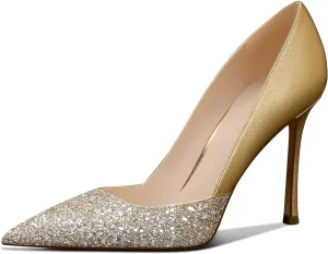 Women's Gold Classic Pointed Toe High Heels Stiletto Pumps with 3.35in Sparkly for Wedding,Party,Dress