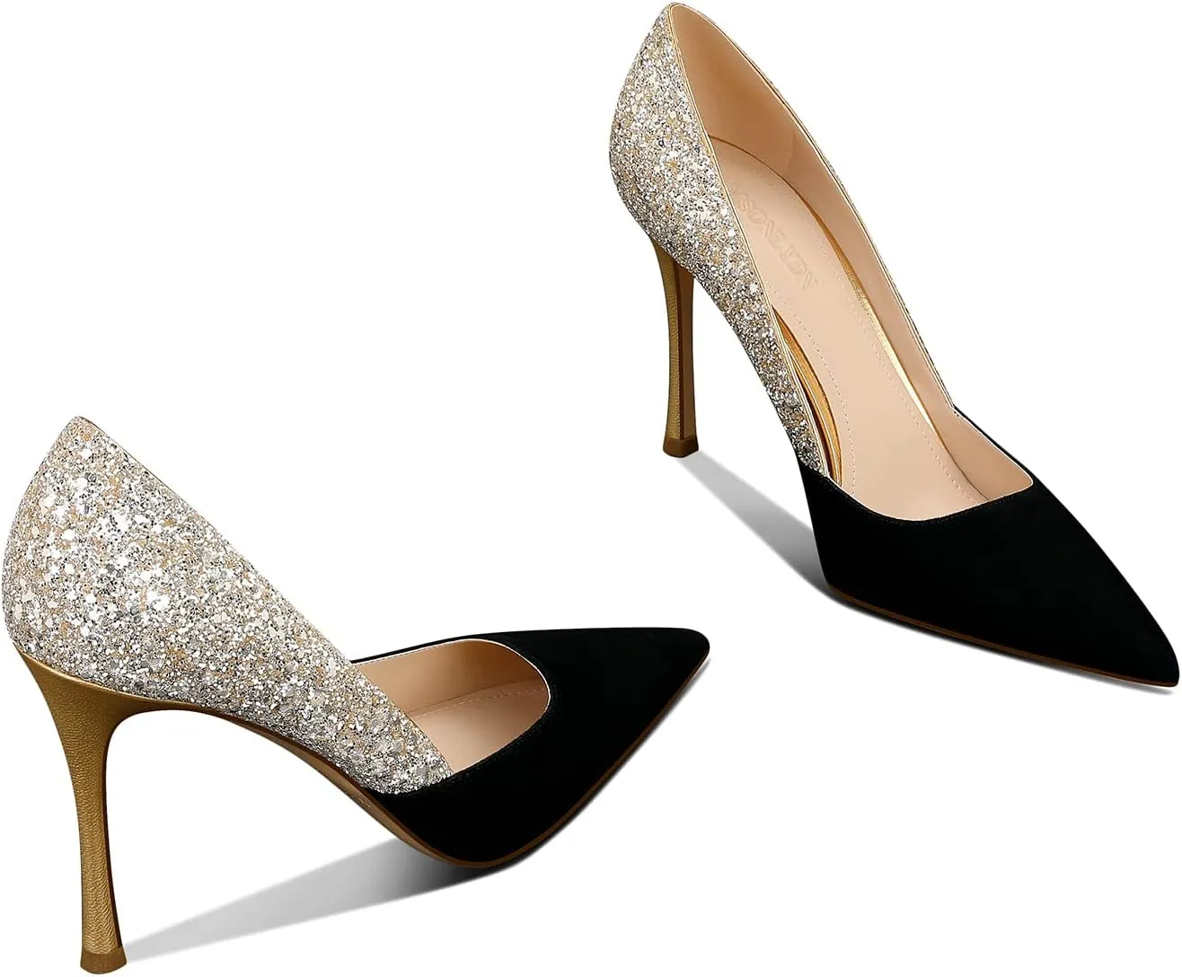 Women's Gold Classic Pointed Toe High Heels Stiletto Pumps with 3.35in Sparkly for Wedding,Party,Dress